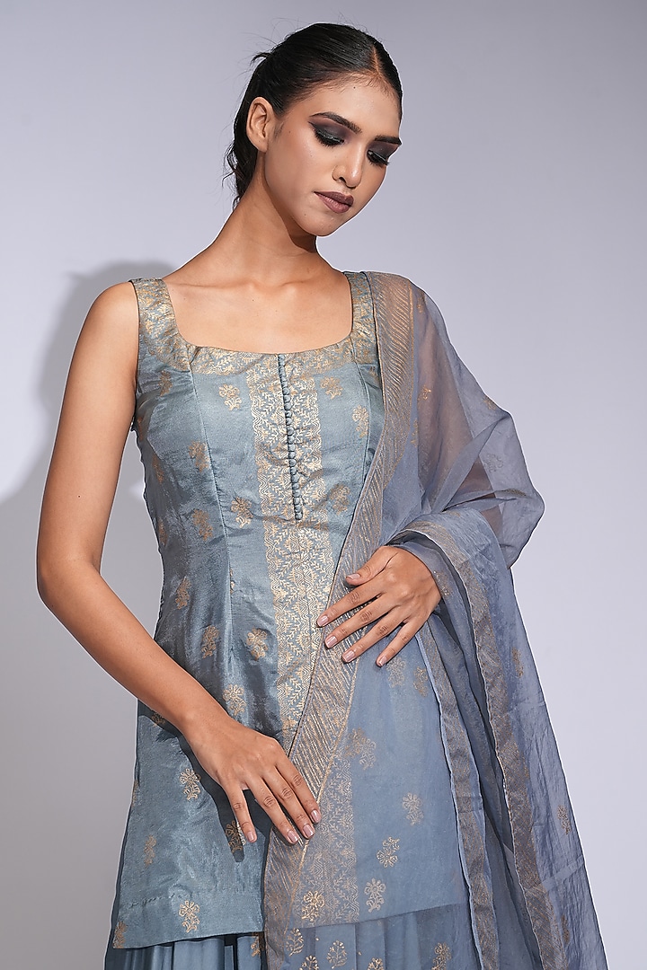 Grey Modal Satin Hand Block Printed Wedding Sharara Set by Shruti S at Pernia's Pop Up Shop