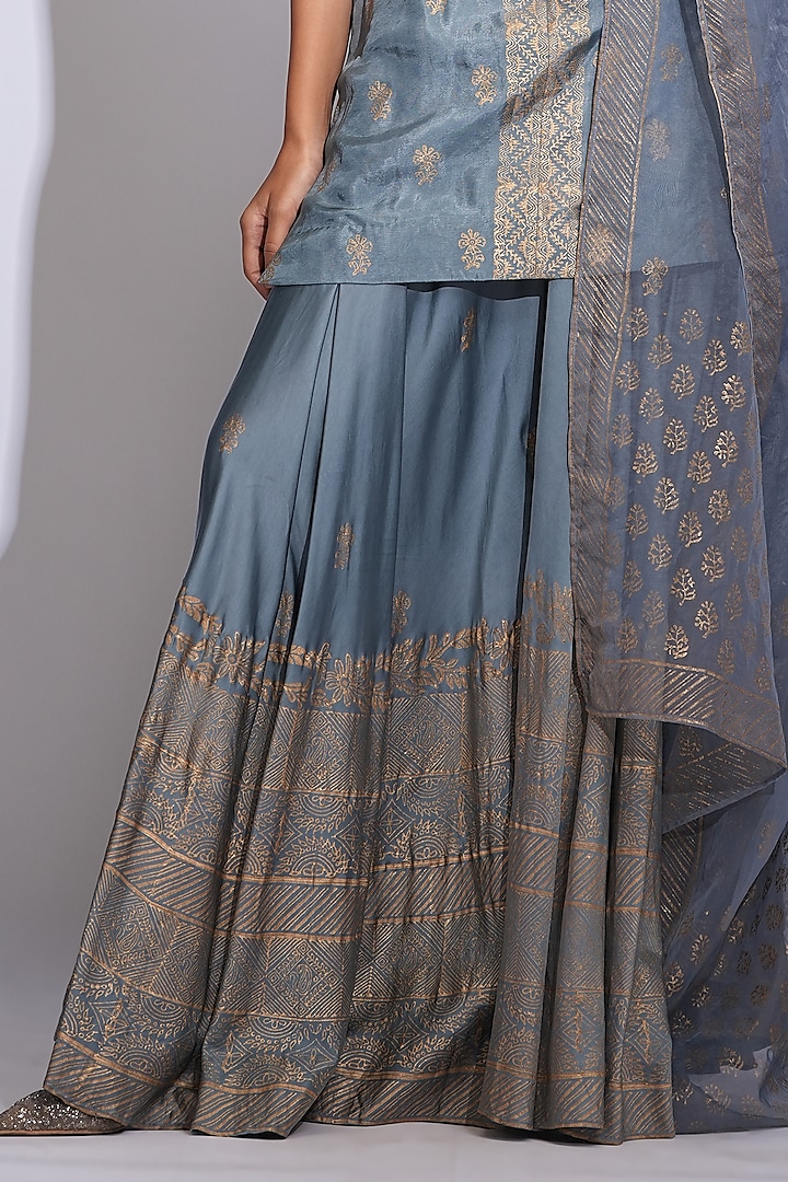 Grey Modal Satin Hand Block Printed Wedding Sharara Set by Shruti S at Pernia's Pop Up Shop