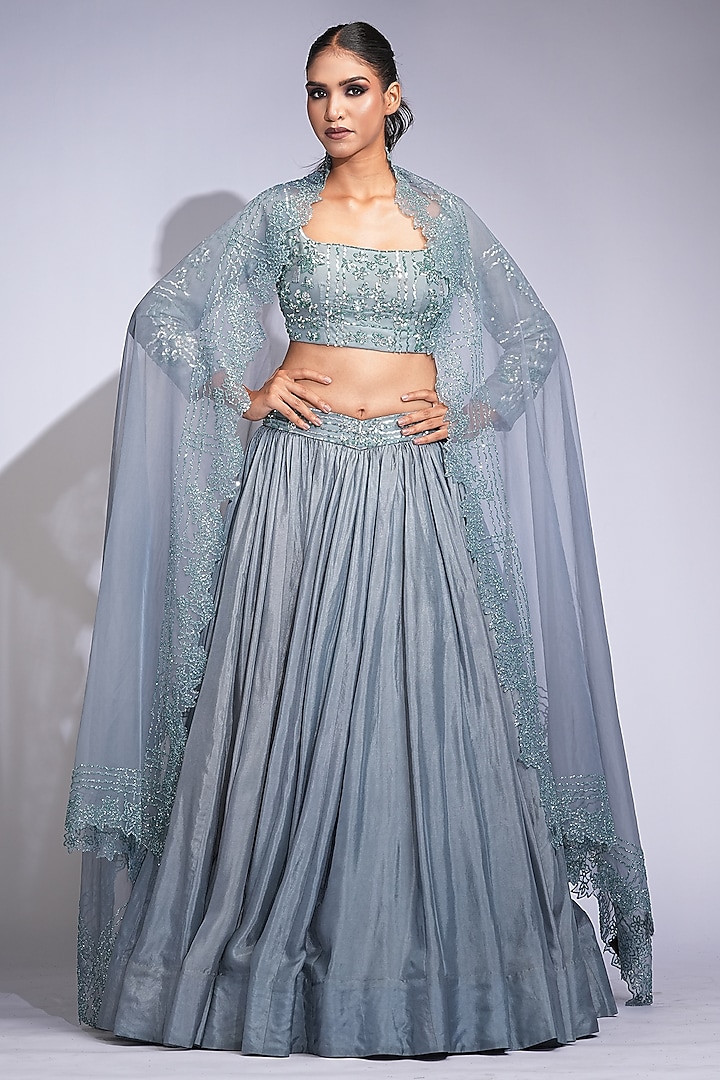 Oxidised Grey Pure Silk Sequins Embroidered Wedding Lehenga Set by Shruti S at Pernia's Pop Up Shop
