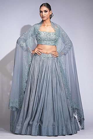Oxidised Grey Pure Silk Sequins Embroidered Lehenga Set by Shruti S