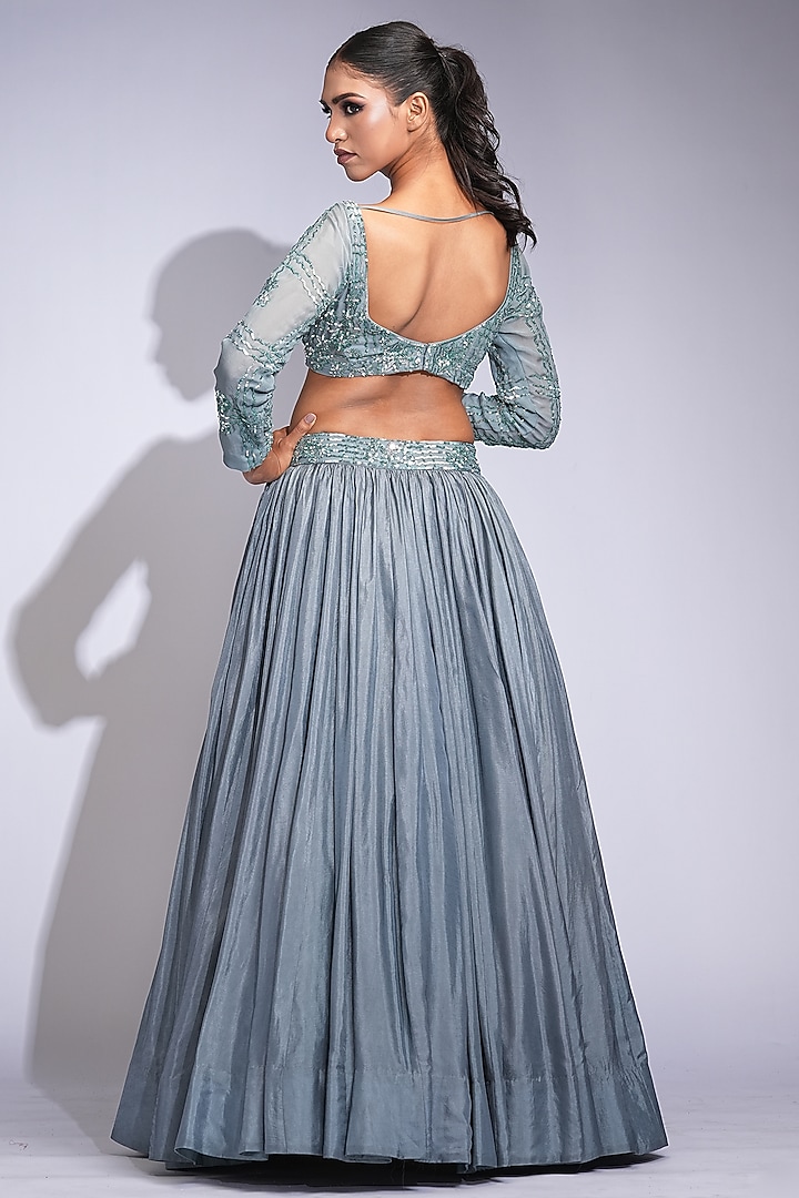 Oxidised Grey Pure Silk Sequins Embroidered Wedding Lehenga Set by Shruti S at Pernia's Pop Up Shop