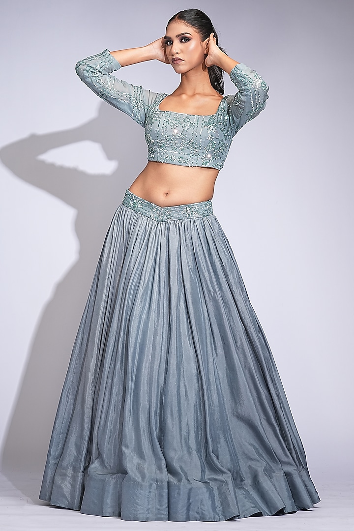 Oxidised Grey Pure Silk Sequins Embroidered Wedding Lehenga Set by Shruti S at Pernia's Pop Up Shop