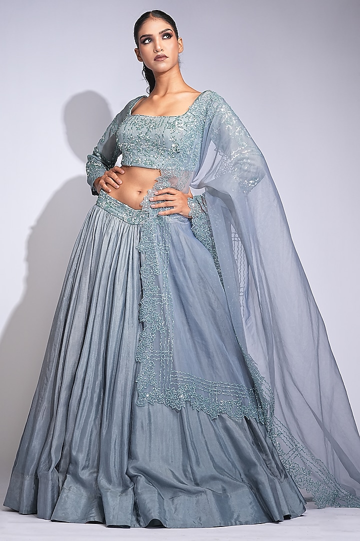 Oxidised Grey Pure Silk Sequins Embroidered Wedding Lehenga Set by Shruti S at Pernia's Pop Up Shop