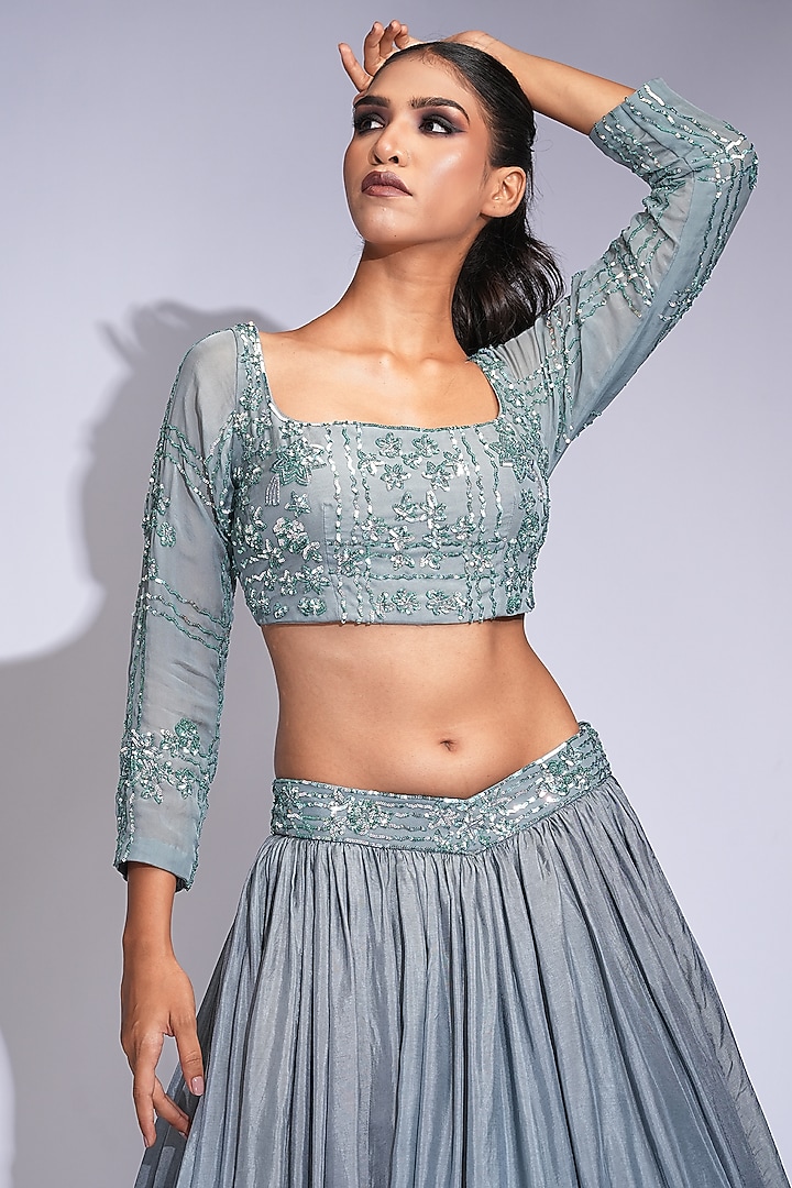 Oxidised Grey Pure Silk Sequins Embroidered Wedding Lehenga Set by Shruti S at Pernia's Pop Up Shop
