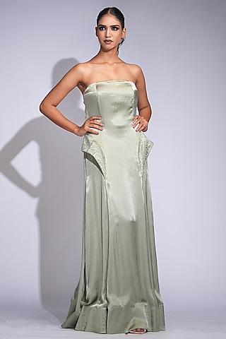 Sage Green Satin Strapless Maxi Dress by Shruti S
