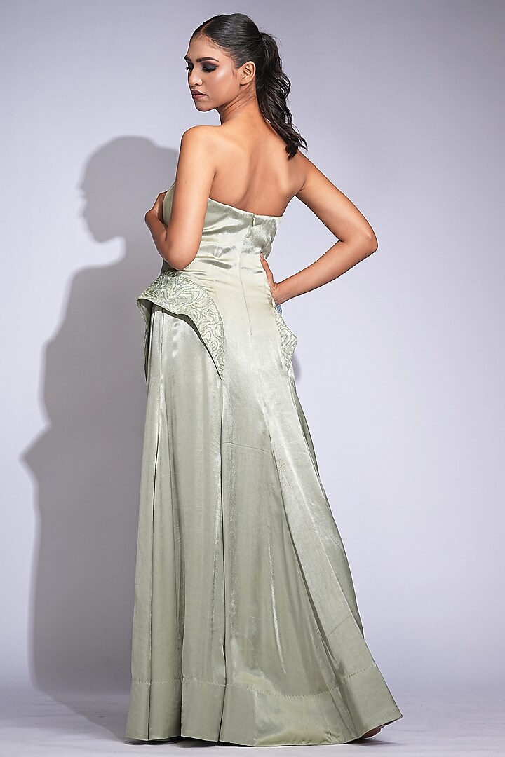 Sage Green Satin Strapless Maxi Cocktail Dress by Shruti S at Pernia's Pop Up Shop