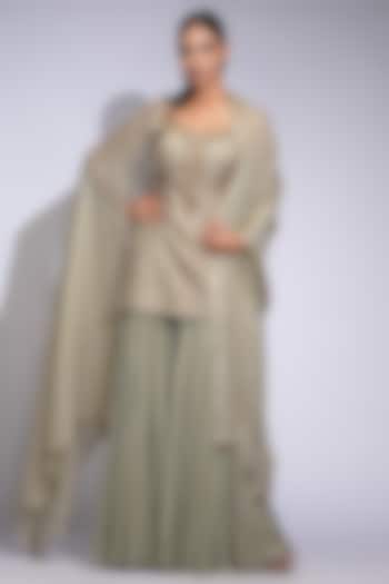 Light Olive Green Crepe Wedding Sharara Set by Shruti S at Pernia's Pop Up Shop