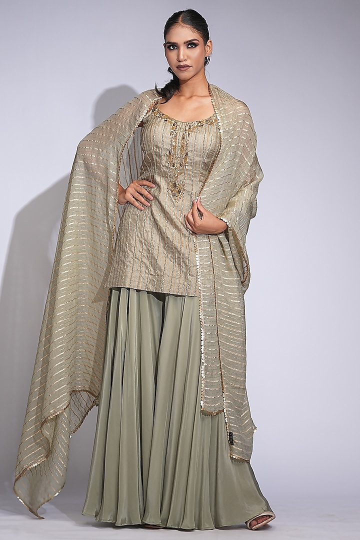 Light Olive Green Crepe Wedding Sharara Set by Shruti S at Pernia's Pop Up Shop