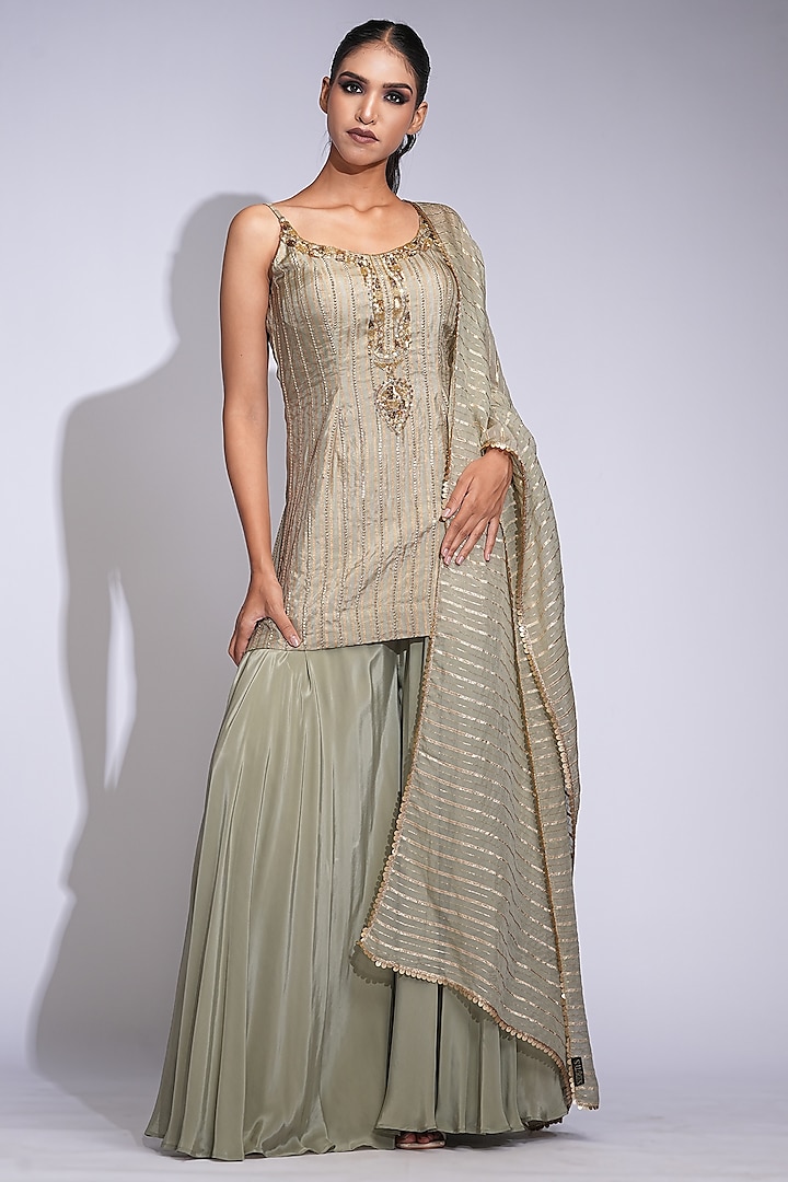 Light Olive Green Crepe Wedding Sharara Set by Shruti S at Pernia's Pop Up Shop