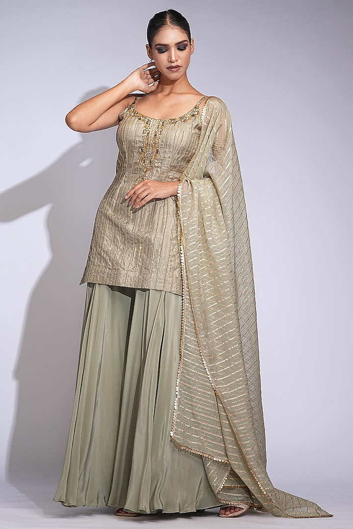Light Olive Green Crepe Wedding Sharara Set by Shruti S at Pernia's Pop Up Shop