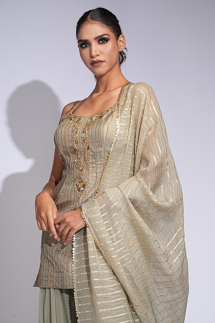 Light Olive Green Crepe Wedding Sharara Set by Shruti S at Pernia's Pop Up Shop