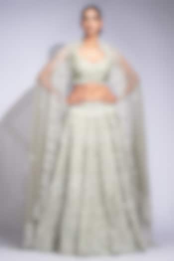 Sage Green Silk Sequins Embroidered Wedding Lehenga Set by Shruti S at Pernia's Pop Up Shop