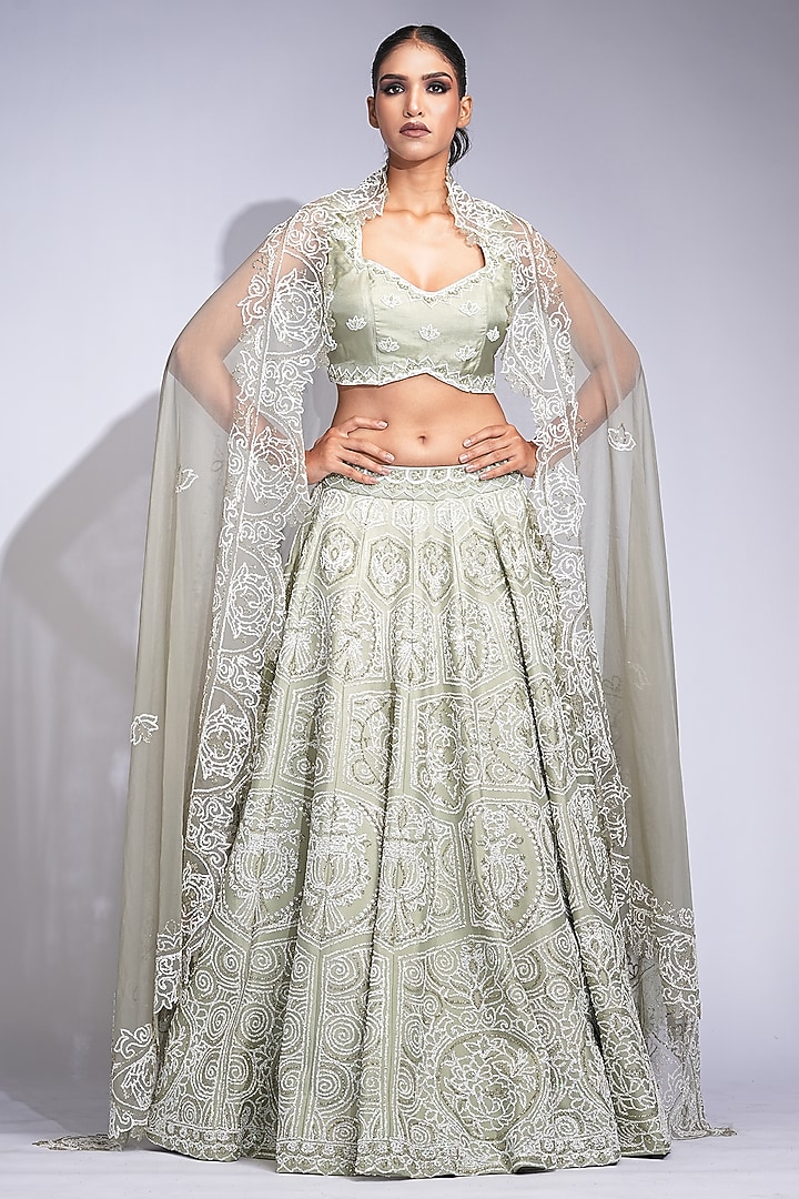 Sage Green Silk Sequins Embroidered Wedding Lehenga Set by Shruti S at Pernia's Pop Up Shop