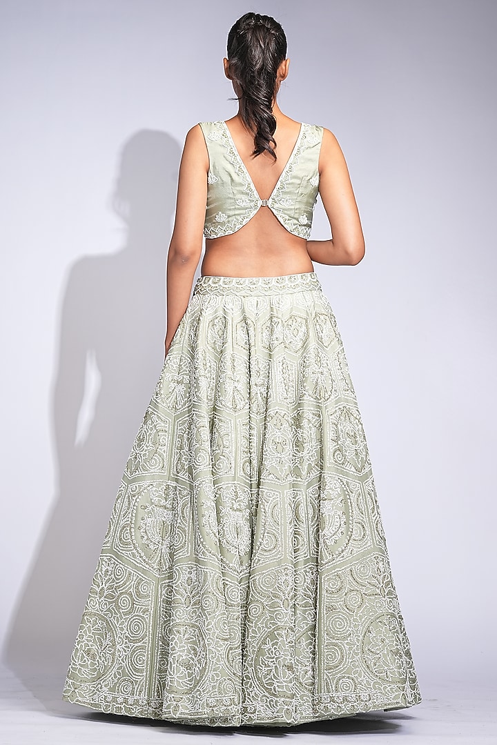 Sage Green Silk Sequins Embroidered Wedding Lehenga Set by Shruti S at Pernia's Pop Up Shop