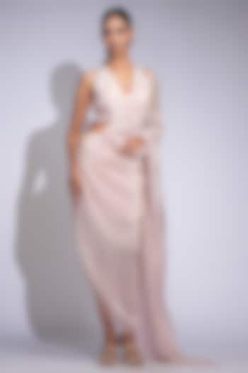 Powder Pink Tussar Sequins Embroidered Pre-Stitched Party Wear Gown Saree Set by Shruti S at Pernia's Pop Up Shop