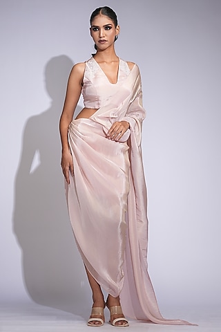 Powder Pink Tussar Sequins Embroidered Pre-Stitched Gown Saree Set by Shruti S