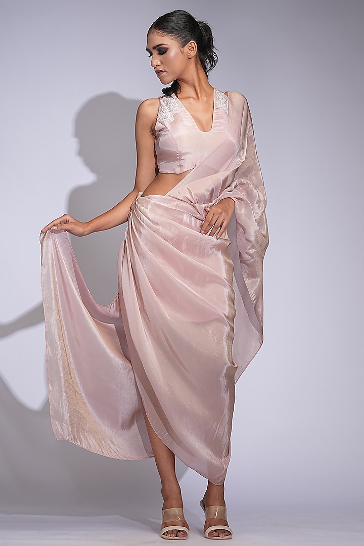 Powder Pink Tussar Sequins Embroidered Pre-Stitched Party Wear Gown Saree Set by Shruti S at Pernia's Pop Up Shop