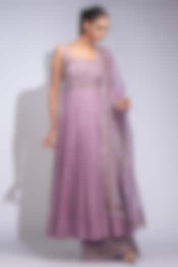 Lilac Silk Hand Embroidered Wedding Anarkali Set by Shruti S at Pernia's Pop Up Shop