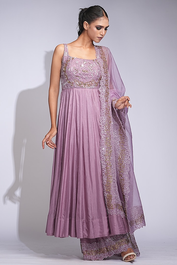 Lilac Silk Hand Embroidered Wedding Anarkali Set by Shruti S at Pernia's Pop Up Shop