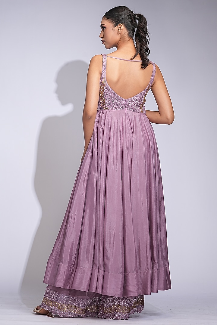 Lilac Silk Hand Embroidered Wedding Anarkali Set by Shruti S at Pernia's Pop Up Shop