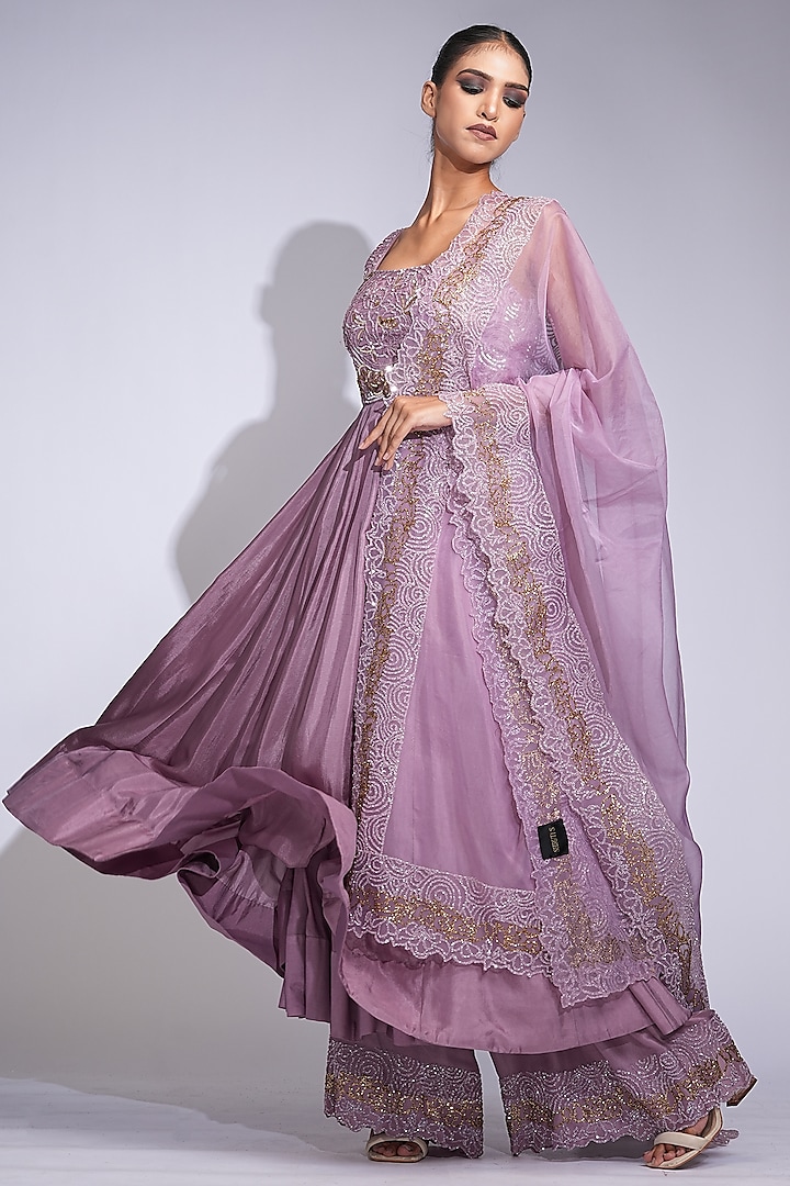 Lilac Silk Hand Embroidered Wedding Anarkali Set by Shruti S at Pernia's Pop Up Shop