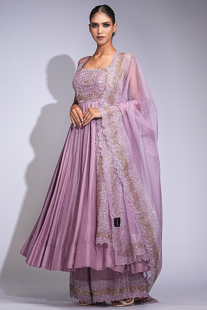 Lilac Silk Hand Embroidered Wedding Anarkali Set by Shruti S at Pernia's Pop Up Shop