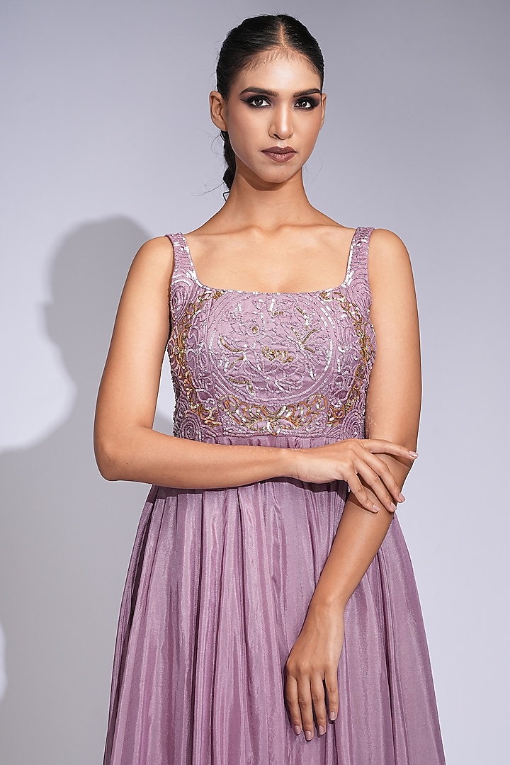 Lilac Silk Hand Embroidered Wedding Anarkali Set by Shruti S at Pernia's Pop Up Shop