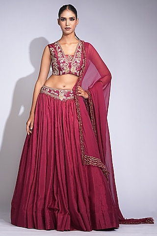 Maroon Pure Silk Sequins Embroidered Lehenga Set by Shruti S
