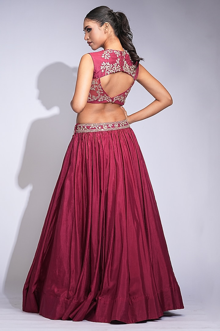Maroon Pure Silk Sequins Embroidered Wedding Lehenga Set by Shruti S at Pernia's Pop Up Shop