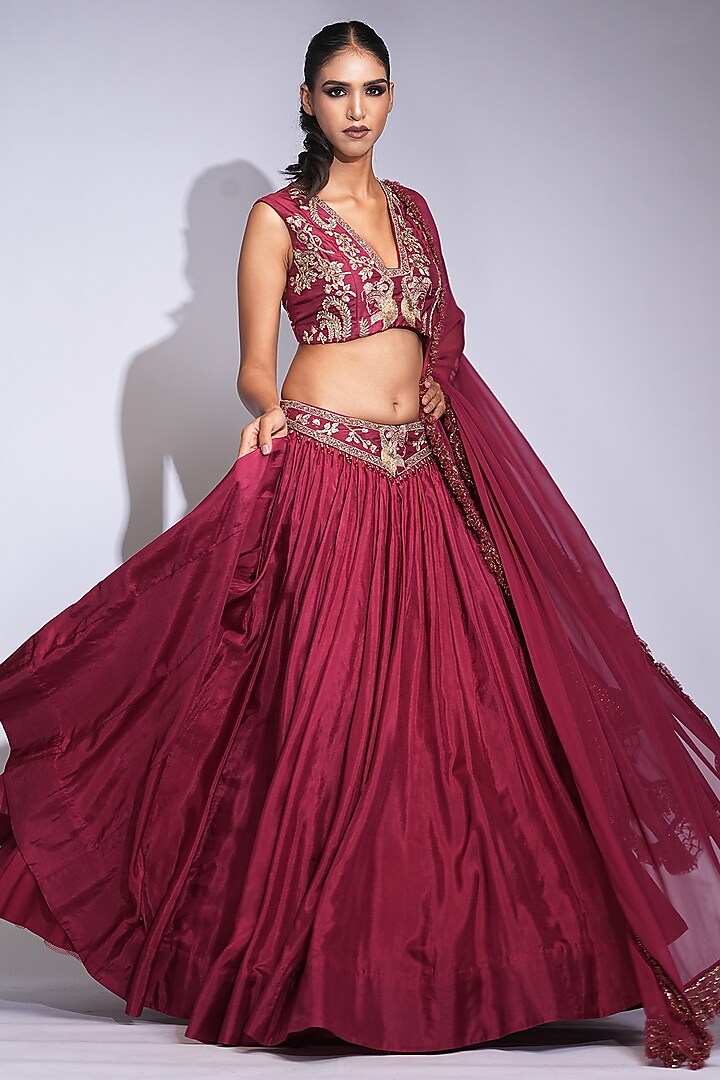 Maroon Pure Silk Sequins Embroidered Wedding Lehenga Set by Shruti S at Pernia's Pop Up Shop