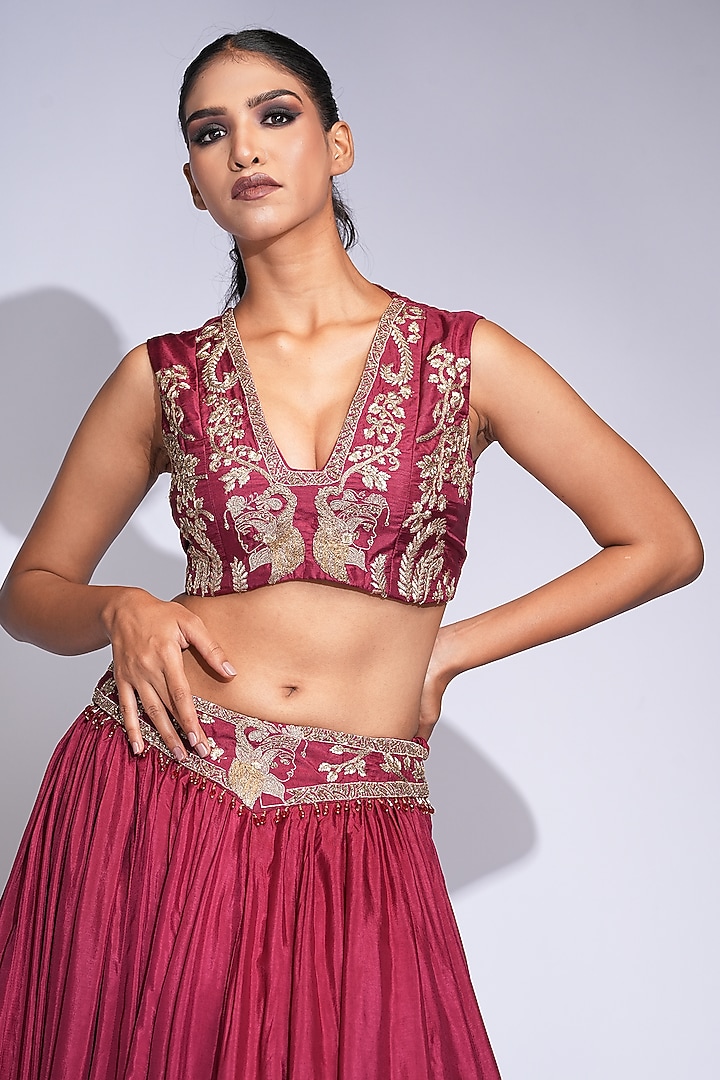 Maroon Pure Silk Sequins Embroidered Wedding Lehenga Set by Shruti S at Pernia's Pop Up Shop