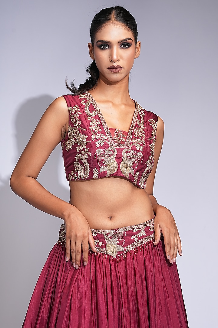 Maroon Pure Silk Sequins Embroidered Wedding Lehenga Set by Shruti S at Pernia's Pop Up Shop