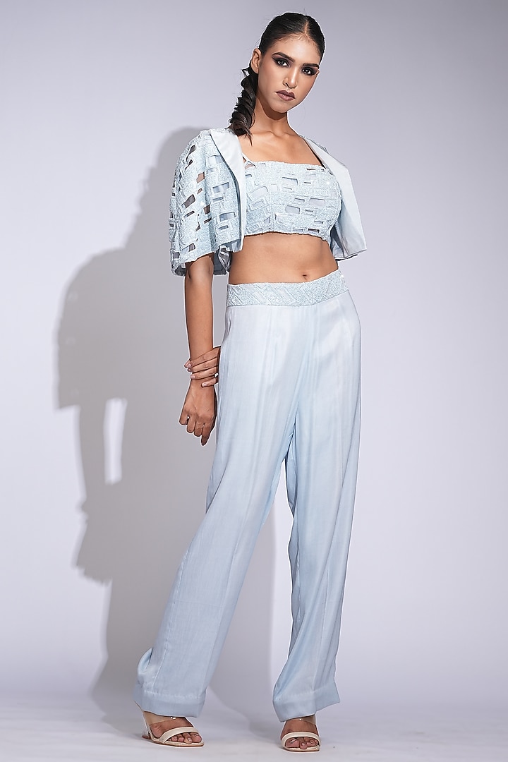 Powder Blue Silk & Satin Embroidered Co-Ord Set by Shruti S at Pernia's Pop Up Shop