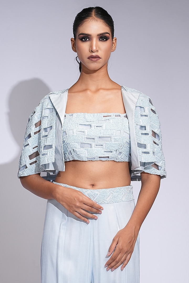 Powder Blue Silk & Satin Embroidered Co-Ord Set by Shruti S at Pernia's Pop Up Shop