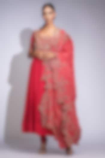 Deep Red Silk Zari Thread Work Wedding Anarkali Set by Shruti S at Pernia's Pop Up Shop