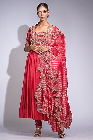 Deep Red Silk Zari Thread Work Anarkali Set by Shruti S
