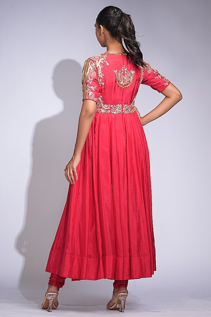 Deep Red Silk Zari Thread Work Wedding Anarkali Set by Shruti S at Pernia's Pop Up Shop
