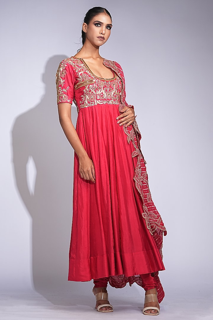 Deep Red Silk Zari Thread Work Wedding Anarkali Set by Shruti S at Pernia's Pop Up Shop