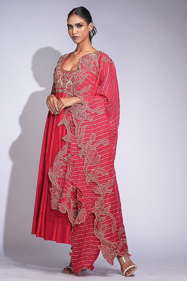 Deep Red Silk Zari Thread Work Wedding Anarkali Set by Shruti S at Pernia's Pop Up Shop