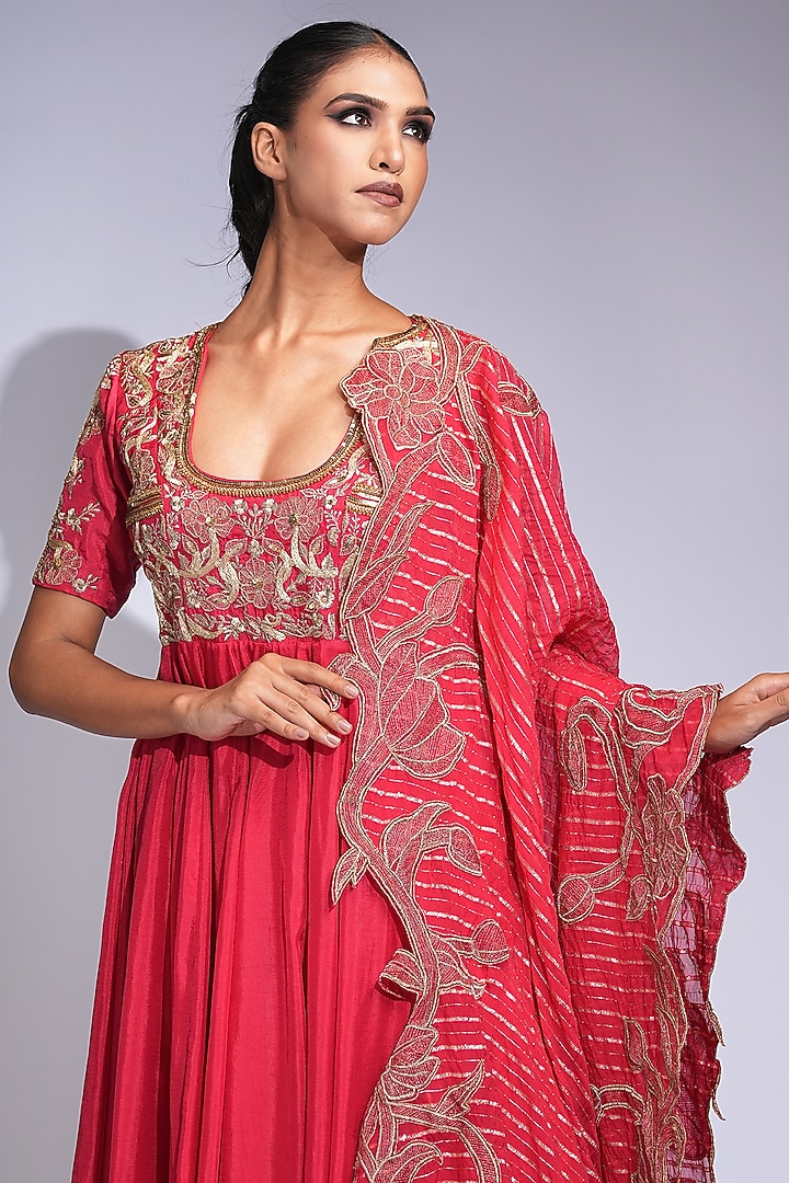 Deep Red Silk Zari Thread Work Wedding Anarkali Set by Shruti S at Pernia's Pop Up Shop