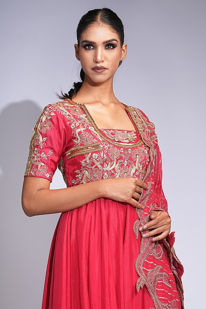 Deep Red Silk Zari Thread Work Wedding Anarkali Set by Shruti S at Pernia's Pop Up Shop