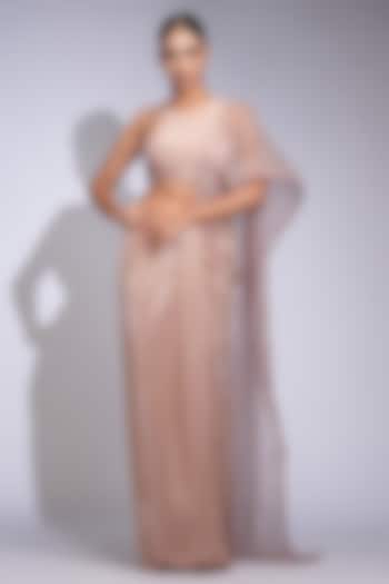 Champagne Rose Gold Tussar Embroidered Draped Wedding Gown Saree Set by Shruti S at Pernia's Pop Up Shop