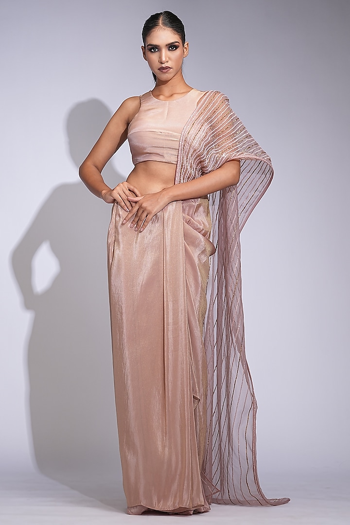 Champagne Rose Gold Tussar Embroidered Draped Wedding Gown Saree Set by Shruti S at Pernia's Pop Up Shop