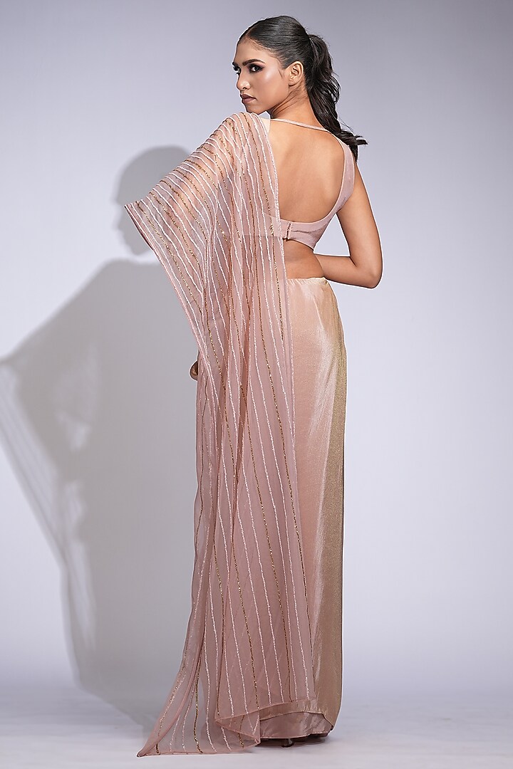 Champagne Rose Gold Tussar Embroidered Draped Wedding Gown Saree Set by Shruti S at Pernia's Pop Up Shop