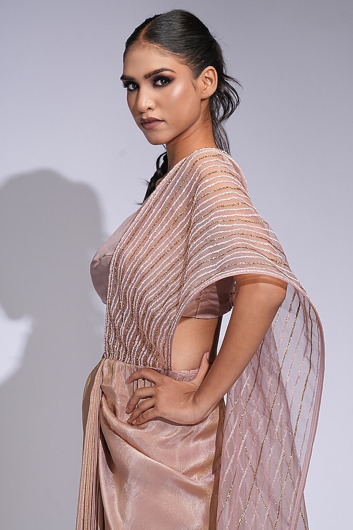 Champagne Rose Gold Tussar Embroidered Draped Wedding Gown Saree Set by Shruti S at Pernia's Pop Up Shop