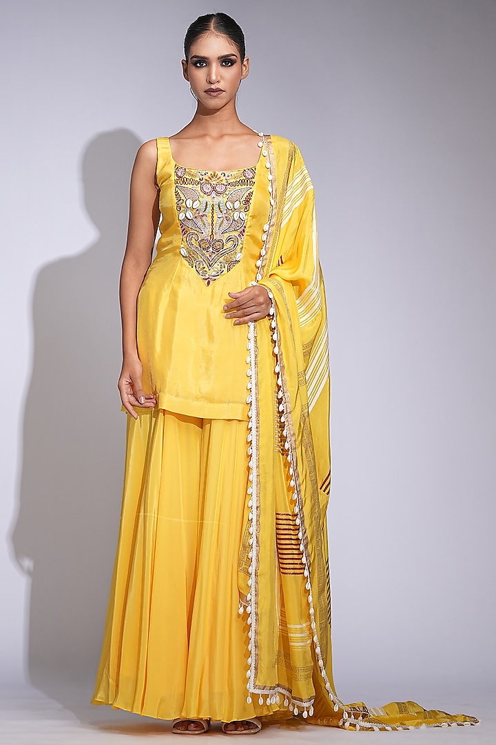Butter Yellow Crepe Wedding Sharara Set by Shruti S at Pernia's Pop Up Shop