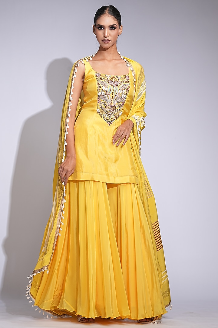 Butter Yellow Crepe Wedding Sharara Set by Shruti S at Pernia's Pop Up Shop