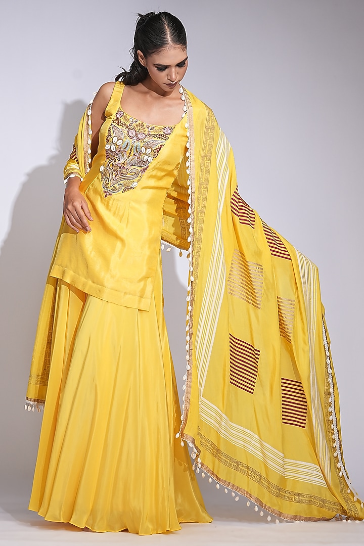 Butter Yellow Crepe Wedding Sharara Set by Shruti S at Pernia's Pop Up Shop
