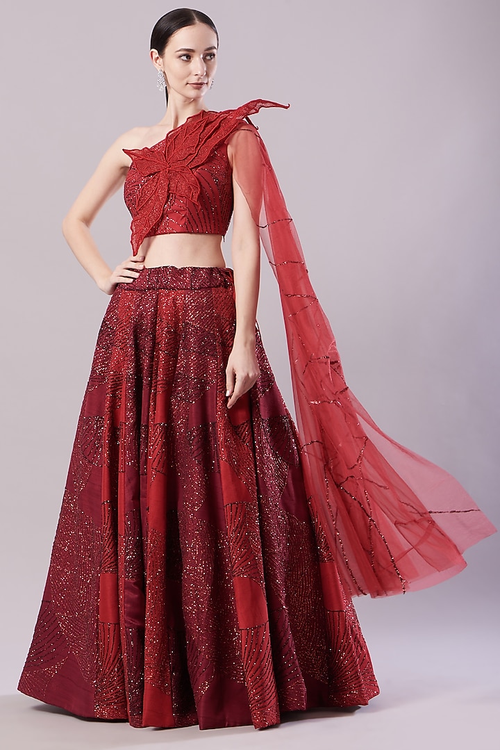 Hot Red Embroidered Lehenga Set by Shruti S