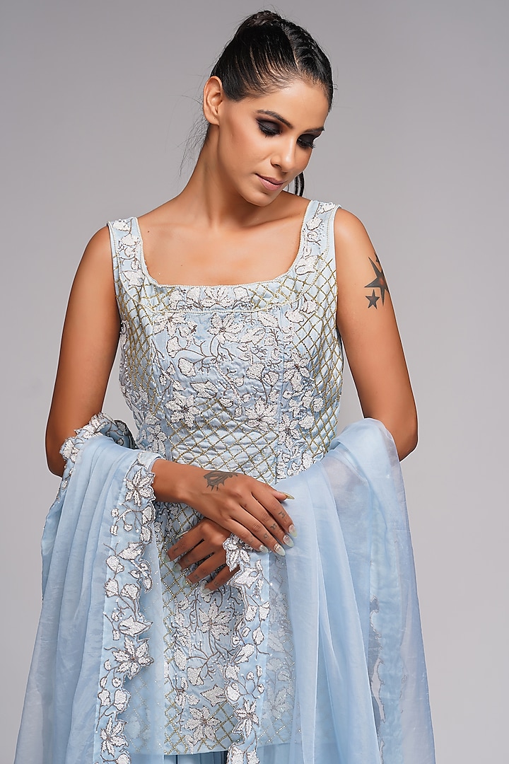 Powder Blue Crepe Wedding Sharara Set by Shruti S at Pernia's Pop Up Shop